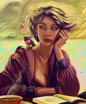 Woman with bird and balloon by Yaşar Vurdem