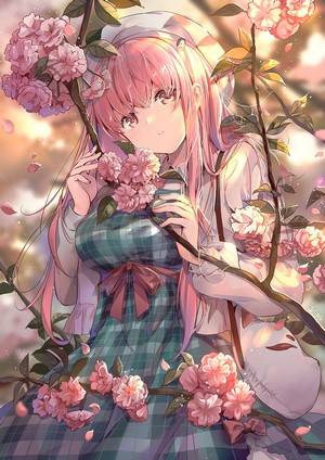 Hata no Kokoro from Touhou with pink hair and flowers
