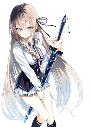 Anime girl with ash blonde hair and blue eyes holding a sword