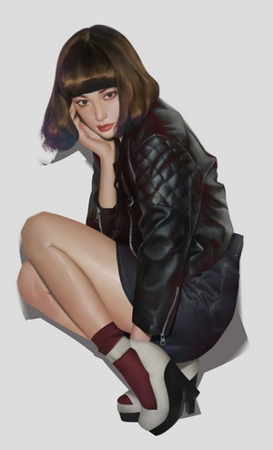 Woman in black jacket and denim skirt, digital painting