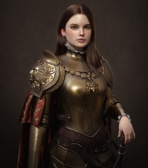 Woman in ornate golden armor with lion shoulder pauldrons