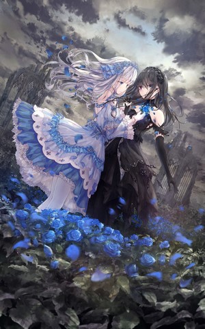 Anime girls with silver and dark hair in a field of blue roses