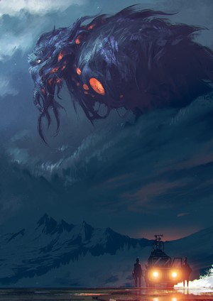 Cosmic creature in clouds over mountains with people and vehicle