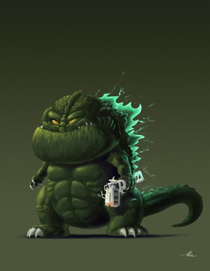 Chibi Godzilla holding a ray gun