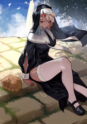 Anime girl with horns in nun habit and cat