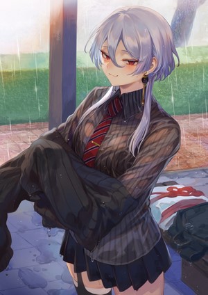 Anime girl with silver hair in school uniform in the rain
