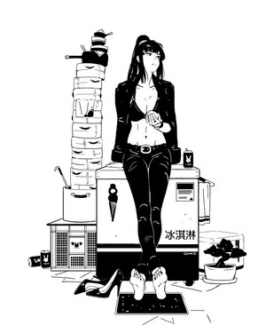 Anime girl in leather outfit with ice cream machine