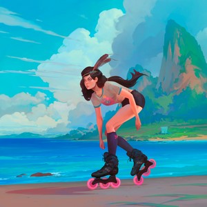 Girl on roller skates at the beach