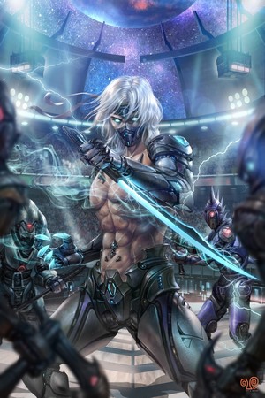Cyberpunk fighter with glowing sword in arena