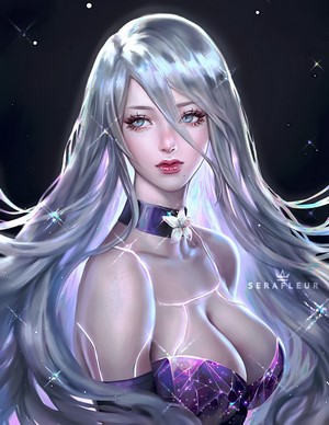 A2 from Nier: Automata with silver hair and blue eyes