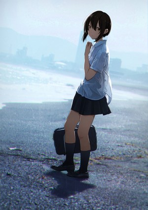 Anime girl in school uniform with suitcase on beach