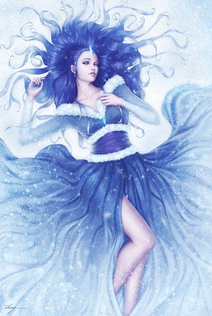 Woman with long blue hair in a blue dress