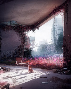 Apocalyptic city ruins with flowers and a teddy bear