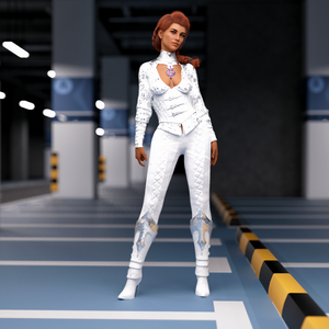 Woman in white outfit standing in parking garage