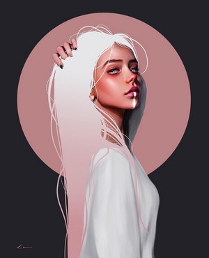 Woman with white hair and pink circle background