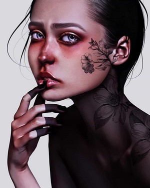 Digital art portrait of a woman with flower tattoos