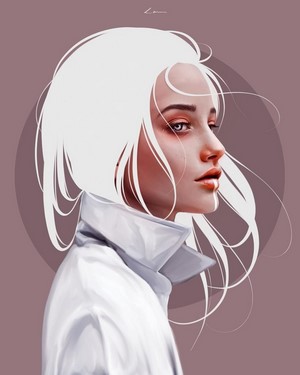 Woman with white hair in a white shirt