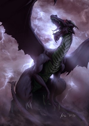Purple dragon roaring amidst lightning