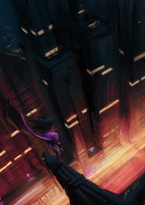 Woman in violet coat on a rooftop overlooking city lights