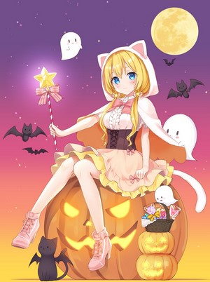 Anime girl in Halloween costume with magic wand and pumpkin