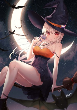 Anime witch girl with blonde hair on a broomstick at night