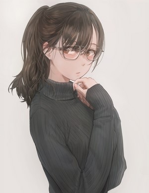 Anime Girl with Glasses and Ponytail in Sweater