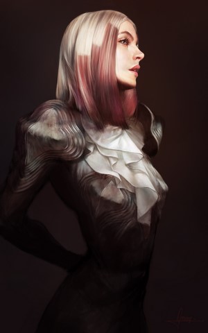 Portrait of a woman with dyed hair and ruffled collar