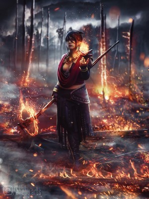 Morrigan from Dragon Age: Origins wielding a flaming staff