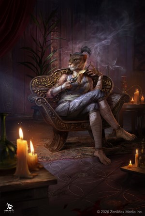 Khajiit from The Elder Scrolls sitting with knife