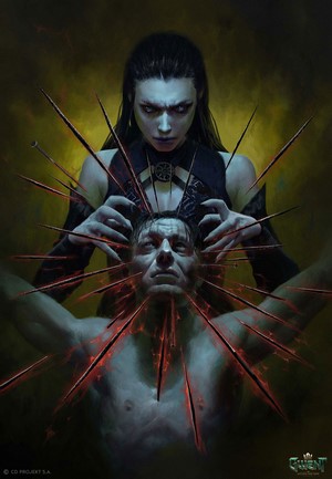 Sorceress torturing a man in The Witcher Gwent art