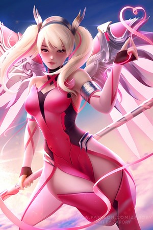 Mercy from Overwatch in pink outfit with wings