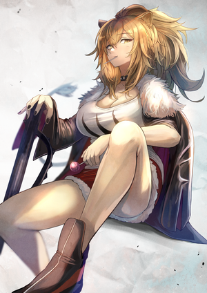 Siege from Arknights with lion ears holding a lollipop