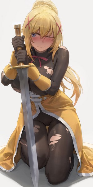 Darkness from KonoSuba holding a sword