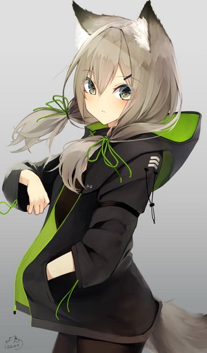 Anime girl with wolf ears and tail wearing a hooded jacket