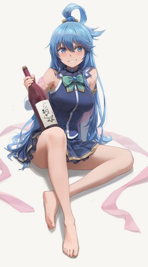 Aqua from Kono Subarashii Sekai ni Shukufuku wo! holding a bottle