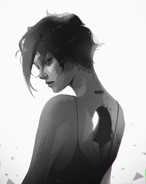 Monochrome portrait of a woman with a hole in her back