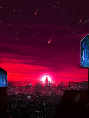 Cityscape at sunset with shooting stars and birds