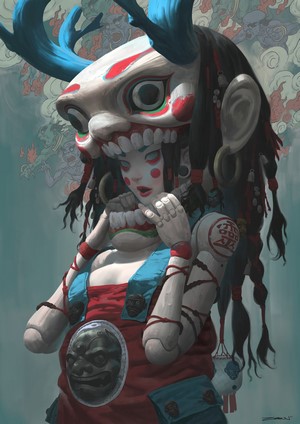 Woman in a demon mask with antlers and traditional clothing