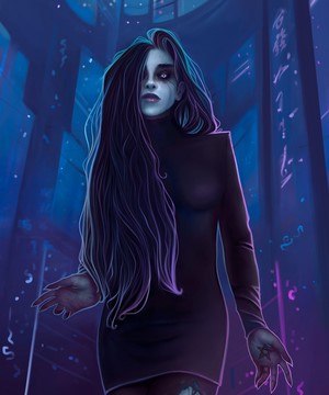 Woman with long black hair and violet eyes