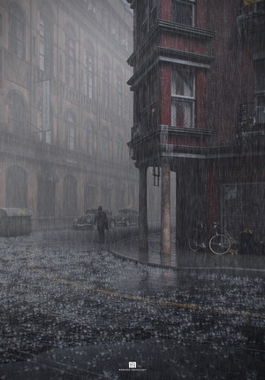 Rainy city street with a lone figure