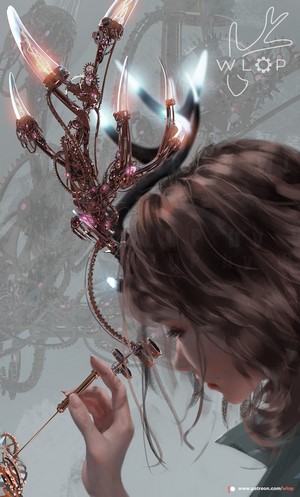 Steampunk mechanical hand and a woman