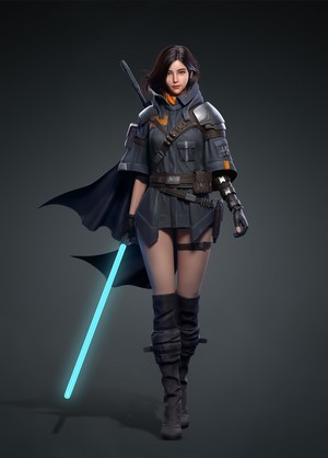 Woman with cyan lightsaber and cape