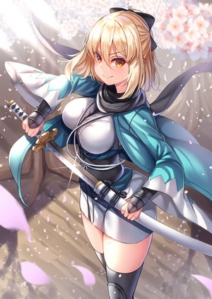 Okita Souji from Fate Series with Katana and Cherry Blossoms