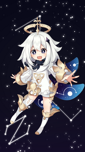 Paimon from Genshin Impact in space with stars