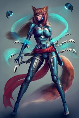 Cyberpunk fox girl with multiple tails and swords