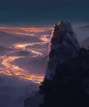 Person on cliff overlooking city lights at sunset
