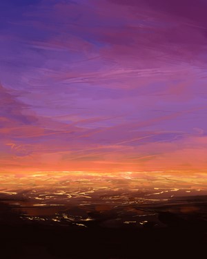 Digital painting of a sunset over a landscape