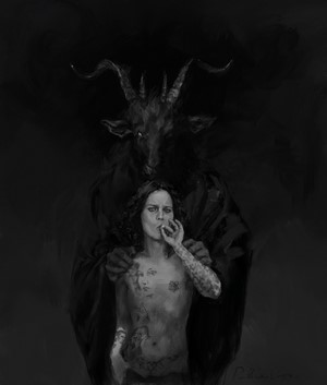 Woman with tattoos and demon behind her