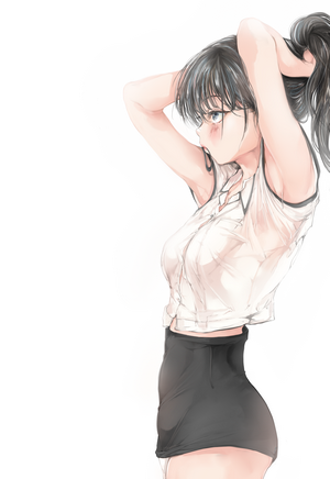 Anime girl with dark hair tying her ponytail