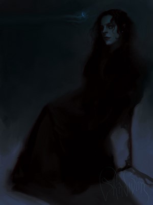 Digital painting of a woman in a black robe